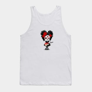 Sugar Skull Girl Playing Singapore Flag Guitar Tank Top